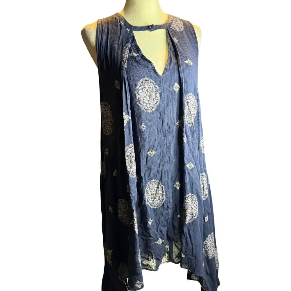 Free People Navy Blue Boho Sleeveless Swing Dress, Rayon Medallion Print, Large - Picture 2 of 10